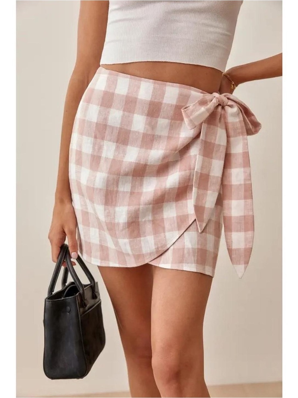 Reformation Sax Side Tie Wrap Checkered Allover Pattern Linen Miniskirt size XS